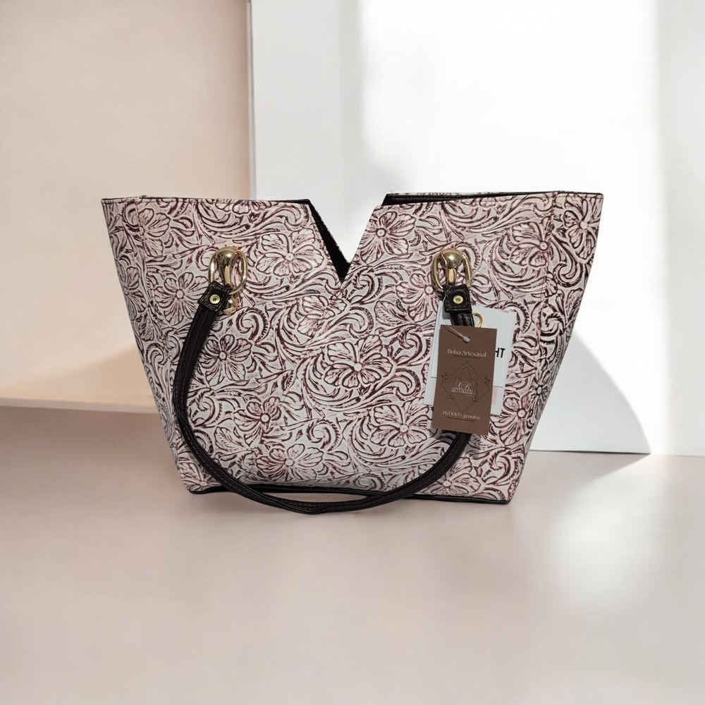 New Artisan Floral Tote Bag - Black & Cream Canvas - Genuine Leather